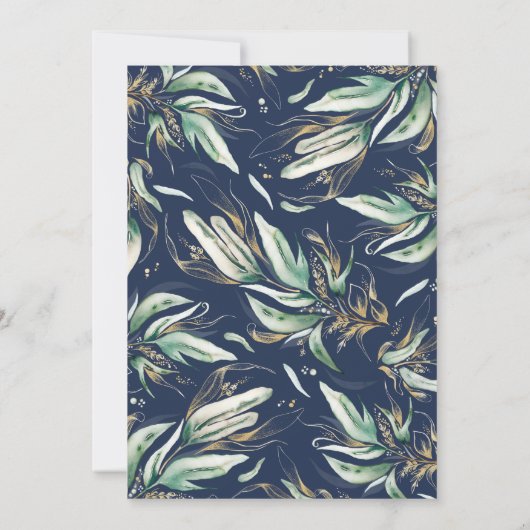 Gold Blätter Grüne Wreath Navy Blauer Taufe Einladung (Rückseite)