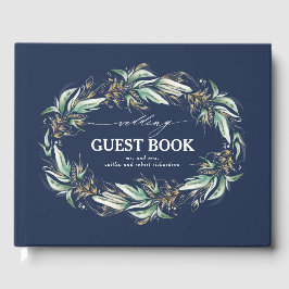 Gold Blätter Grüne Wreath Navy Blue Wedding Gästebuch