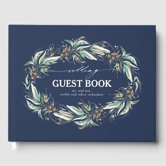 Gold Blätter Grüne Wreath Navy Blue Wedding Gästebuch (Vorderseite)