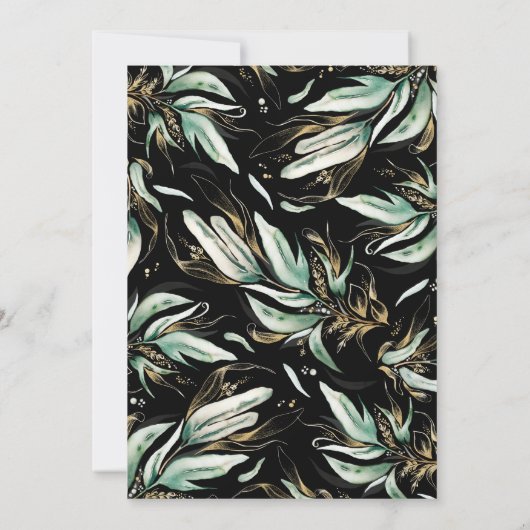 Gold Blätter Grünkraut Schwarz Moderne Hochzeit Einladung (Rückseite)