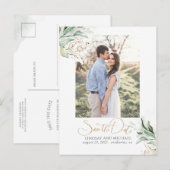 Gold Blätter Grünpflanzen Save the Date Foto Ankündigungspostkarte (Vorne/Hinten)