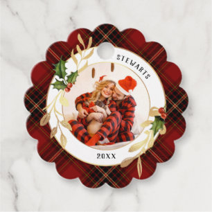 Gold Blätter, Holly & Foto auf Weihnachten Tartan Geschenkanhänger