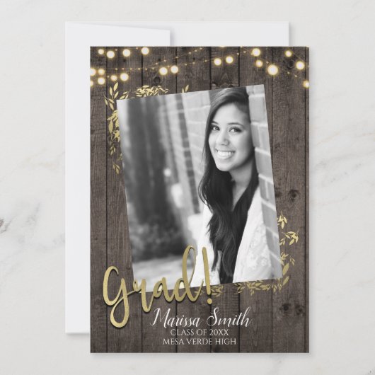 Gold Blätter & Lights Rustikaler Dunkelholz-Abschl Einladung (Vorderseite)