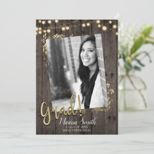 Gold Blätter & Lights Rustikaler Dunkelholz-Abschl Einladung (Stehend Vorderseite)