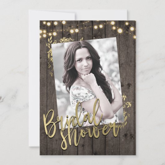 Gold Blätter Lights Rustikales Dunkles Holz Brautp Einladung (Vorderseite)