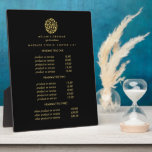 Gold Blätter Logo schwarz | Preise für Wellness-Ce Fotoplatte<br><div class="desc">Elegantes Design zeigt Ihre Dienstleistungen, Preislisten oder Geschäftsinformationen unter einem Kreis von Zweigniederlassungen und Blätter in Imitaten Goldfolie und Ihren Namen oder Firmennamen. Enthält drei individuell anpassbare Überschriften und Textfelder. Um das Layout anzupassen, geben Sie Ihren Text ein und ändern Sie mithilfe der Funktion Anpassen die Positionierung und die Größe...</div>