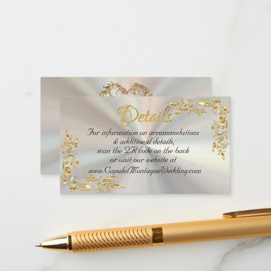 Gold-Blätter mit weißer Perle, QR-Code Begleitkarte (Vorderseite/Rückseite Beispiel)
