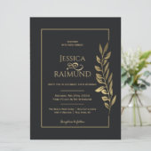 Gold Blätter Moderne Schwarze Hochzeit Einladung (Stehend Vorderseite)