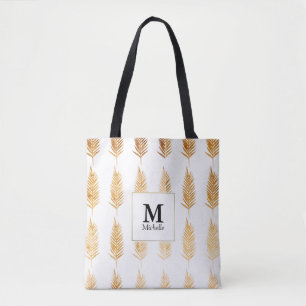 Gold Blätter Muster Monogram Tote Bag Tasche