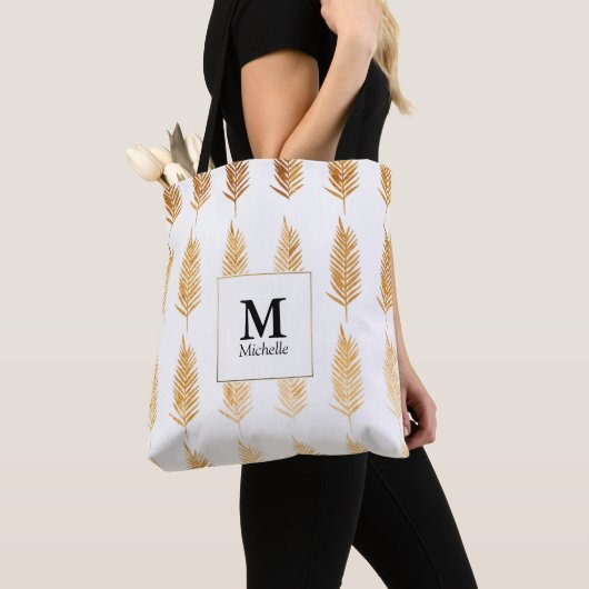Gold Blätter Muster Monogram Tote Bag Tasche (Von Nahem)