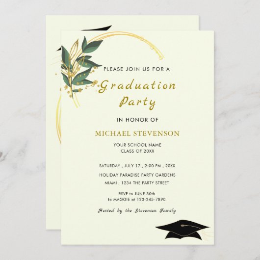 Gold-Blätter Rahmen-Abschluss-Einladung Vorlage (Vorne/Hinten)