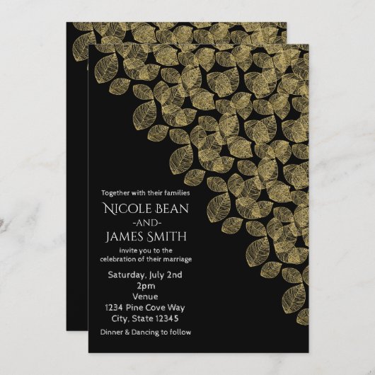 Gold Blätter Schwarzer Herbst Elegance Hochzeit Einladung (Vorne/Hinten)