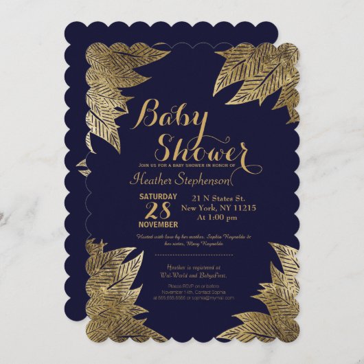 Gold-Blätter über Einladungen für Navy Blue Baby-D (Vorne/Hinten)