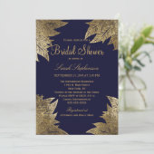 Gold Blätter über Navy Blue Bridal Duwer Einladung (Stehend Vorderseite)