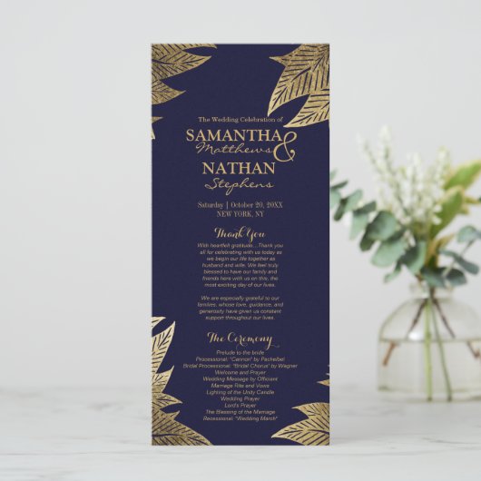 Gold-Blätter über Navy Blue Wedding Programme (Stehend Vorderseite)
