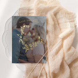 Gold Blätter Wappen Monogram Foto Save the Date Fo Folieneinladung