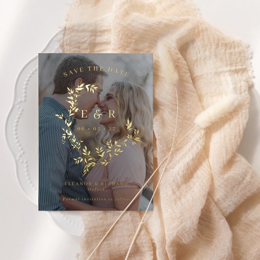 Gold Blätter Wappen Monogram Foto Save the Date Fo Folieneinladung