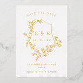 Gold Blätter Wappen Monogram Save the Date Folieneinladung (Vorderseite)