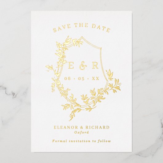 Gold Blätter Wappen Monogram Save the Date Folieneinladung (Vorderseite)