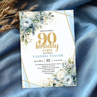 Gold Blau Aquarell Elegante 90. Geburtstagseinladu Einladung