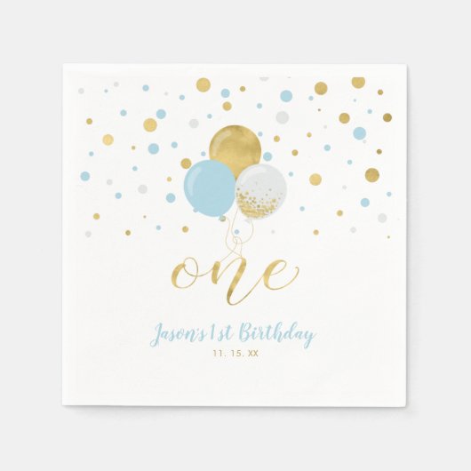 Gold & Blau | Balloons, Confetti Junge 1. Geburtst Serviette (Vorderseite)