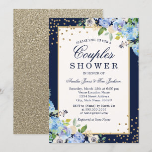 Gold Blau Blumen Hochzeitspaar Dusche Einladung