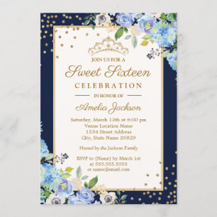 Gold Blau Blumen Sparkle Sweet Sixteen Einladung