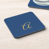 Gold & Blau Farb Monogramm Professioneller Anfangs Getränkeuntersetzer (Linke Seite)