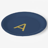 Gold & Blau Farbiges Monogramm Professioneller Anf Pappteller (Schrägansicht)