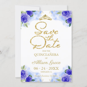Gold Blau Floral Quinceanera Termin merken Einladung