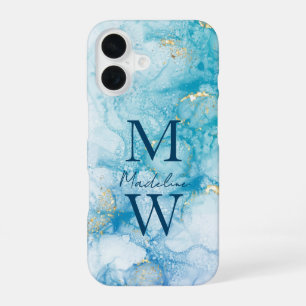 Gold Blau Glitter Wasserfarbe Personalisieren iPhone 16 Hülle