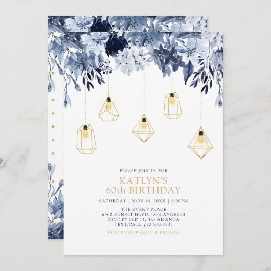Gold & Blau | Lichter, Blütenerwachsener Geburtsta Einladung (Vorne/Hinten)