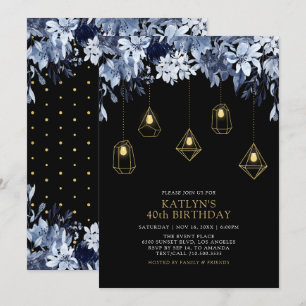 Gold & Blau   Lichter, Florale Erwachsenen-Geburts Einladung