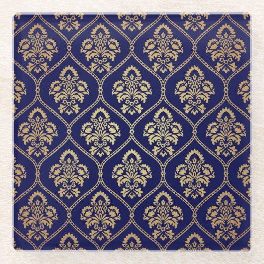 Gold & Blau: Luxus Damask Glasuntersetzer (Vorderseite)