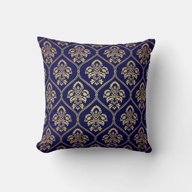 Gold & Blau: Luxus Damask Kissen (Vorderseite)
