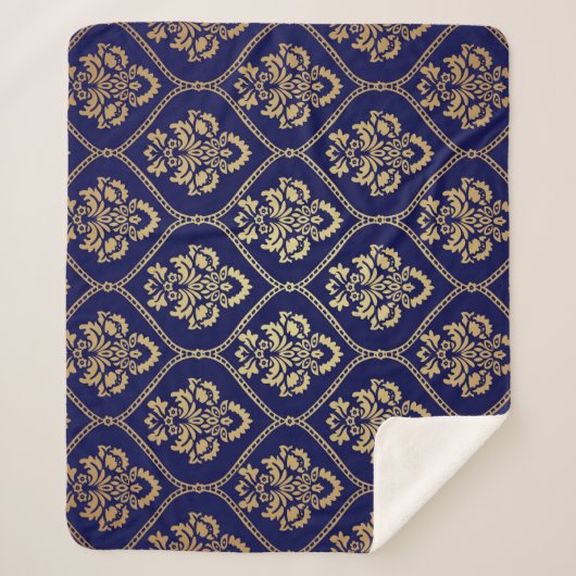 Gold & Blau: Luxus Damask Sherpadecke (Vorderseite)