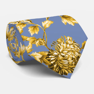 Gold & Blau Moderne Vintage Botanische Flora Toile Krawatte