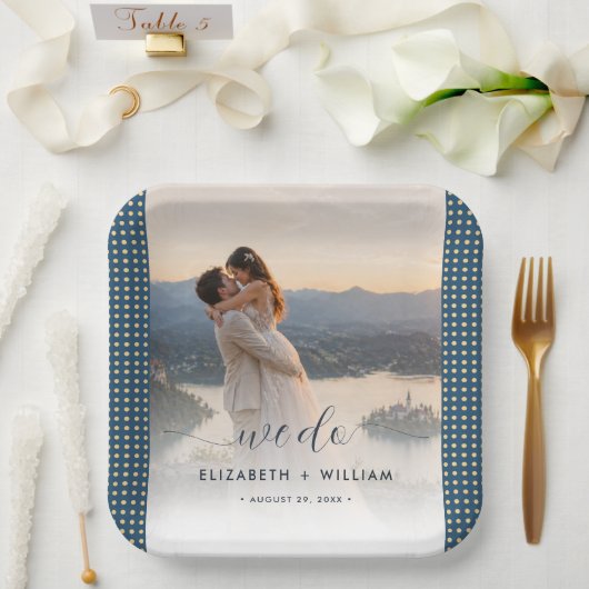 Gold & Blau Punkte personalisierte Hochzeit Pappteller (Hochzeit)