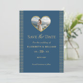 Gold & Blau Punkte personalisierte Hochzeit Save The Date (Stehend Vorderseite)