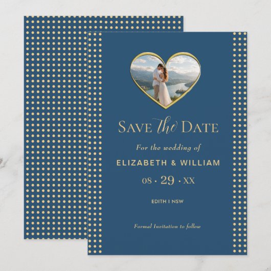 Gold & Blau Punkte personalisierte Hochzeit Save The Date (Vorne/Hinten)