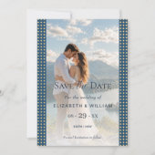 Gold & Blau Punkte personalisierte Hochzeit Save The Date (Vorderseite)