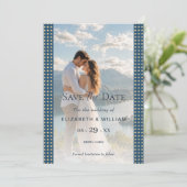 Gold & Blau Punkte personalisierte Hochzeit Save The Date (Stehend Vorderseite)