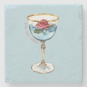 Gold Blau Rote Rose Blumen Glas Getränk Steinuntersetzer