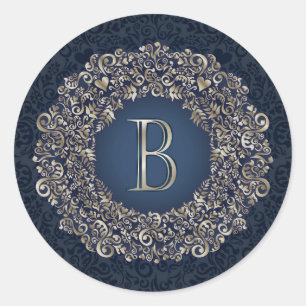 Gold Blau Verzierte B Fancy Damask Monogramm Runder Aufkleber