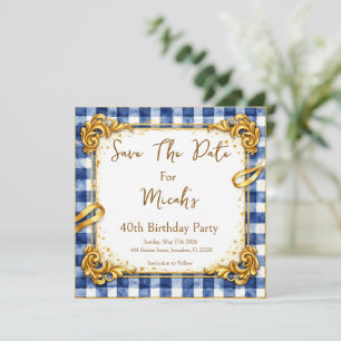 Gold Blau Weiß Gingham Luxus Modern Trendig Chic Save The Date