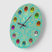 GOLD BLAUE AQUAMARIN DAMASK UND FARBHAFTE 3D GEM S GROßE WANDUHR (Winkel)