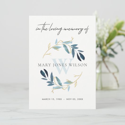 GOLD BLAUE FAUNA BEILEID MEMORIVICE SERVICE INVITE DANKESKARTE (Stehend Vorderseite)