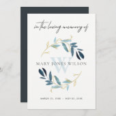 GOLD BLAUE FAUNA BEILEID MEMORIVICE SERVICE INVITE DANKESKARTE (Vorne/Hinten)