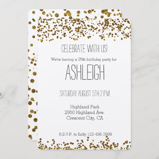 Gold Bling Glitzer Confetti Geburtstag Einladung (Vorne/Hinten)