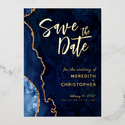 Gold Blue Agate Wedding Save the Date Gold Gold Folieneinladung (Vorderseite)